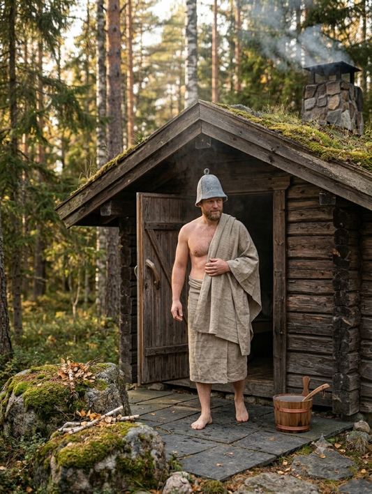 man leaving sauna with wool sauna hat