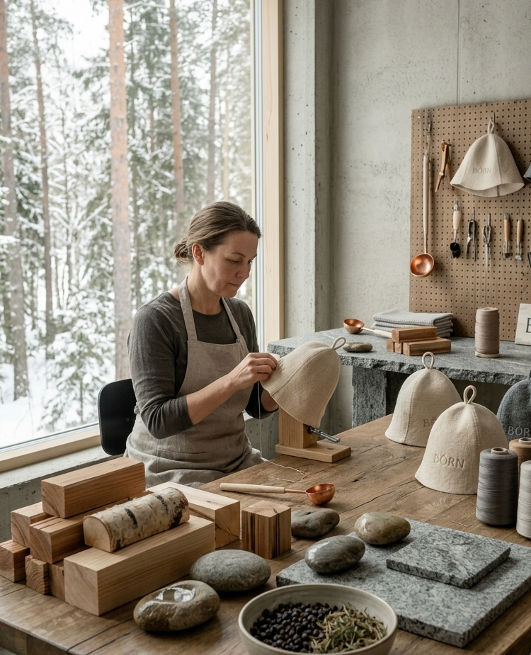  woman wearing an apron sits at a rustic wooden table in a modern workshop, crafting a woven straw bag. The table is filled with various natural materials including wood blocks, stones, and ceramic vessels.
