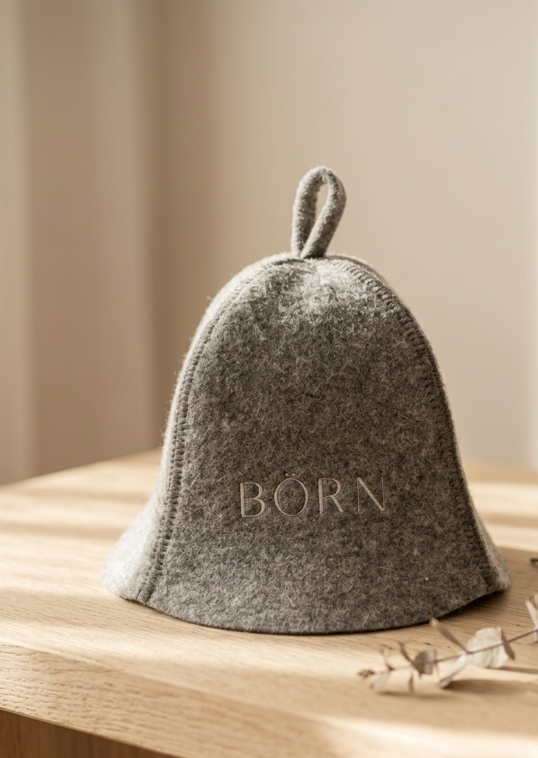 A gray felt bell-shaped accessory with a small loop at the top and the word 'BÖRN' embroidered on the front, resting on a light wood surface against a soft beige background.