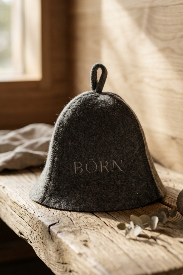 A dark gray felt baby bell with the name 'BÖRN' embroidered on the front, resting on a rustic wooden table in warm natural light.