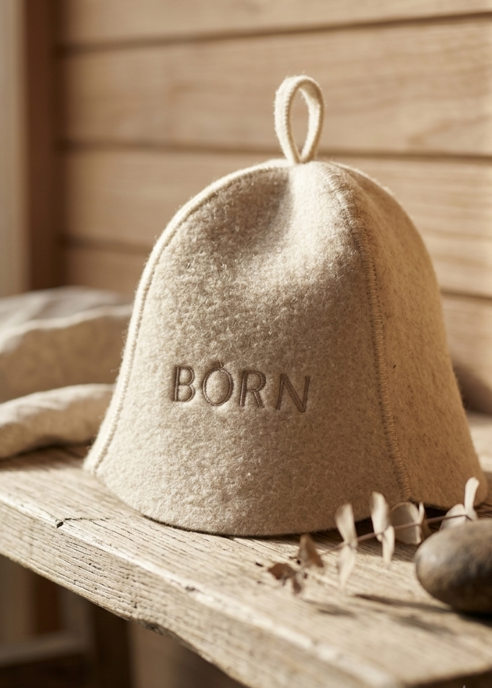 A beige felt baby bonnet hat with the word 'BORN' embroidered on the front, resting on a rustic wooden surface with a wooden background.