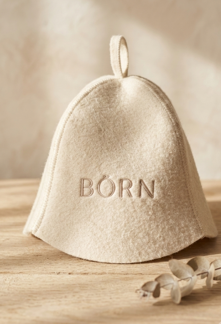 A cream-colored felt baby bell with the name 'BÖRN' embroidered on the front, resting on a light wooden surface with a soft-focus neutral background.