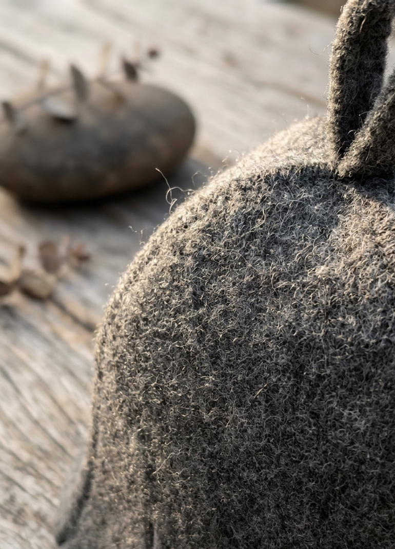 A close-up of a dark gray felted wool bag with a textured surface and a loop handle, resting on a weathered wooden surface with a blurred stone in the background.