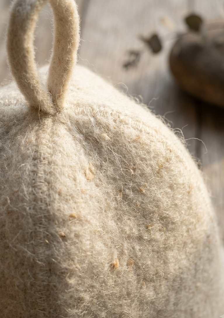 Close-up of a soft, fuzzy felt sauna hat or pouch in a warm off-white/cream color, with a loop handle and small natural fiber flecks, photographed on a rustic wooden surface.
