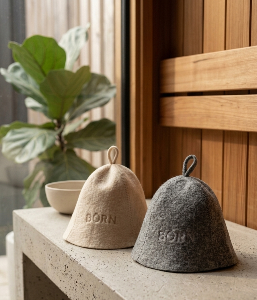 Two felted wool bell-shaped sauna banya hats in beige and dark gray, both embossed with the brand name 'BORN', displayed on a light stone ledge in a warm, modern interior setting.
