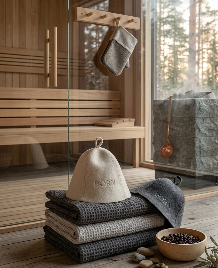 A stack of folded waffle-weave bath towels in beige and dark gray, with a matching beige felt hat printed with 'BORN', displayed in a rustic wooden sauna room. A sauna stone, copper pot, and small bowl of spices sit nearby on the wooden floor.