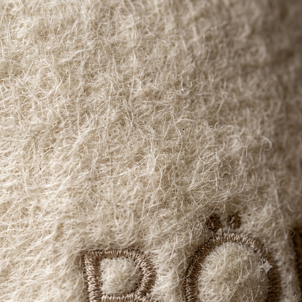 Close-up of a soft, fuzzy cream-colored fabric with a small embroidered brown letter detail at the bottom.
