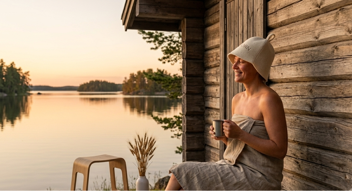A woman sits wrapped in a beige towel on a wooden porch beside a lake at sunset, wearing a matching beige bonnet and towel set. The rustic log cabin and calm water are visible in the background.